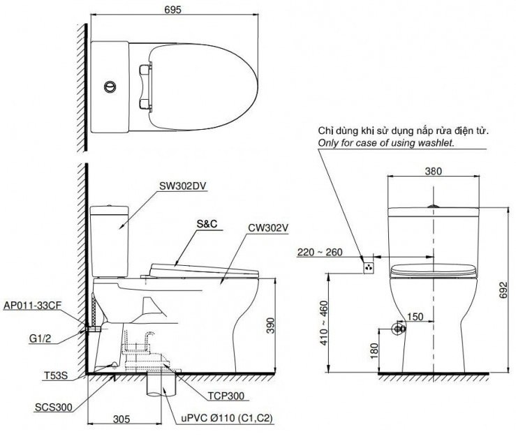 Bản vẽ kích thước bồn cầu CS302D W18 TOTO 220V