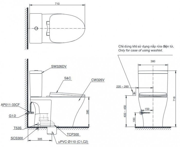 Bản vẽ kích thước bồn cầu điện tử TOTO CS 326DW18