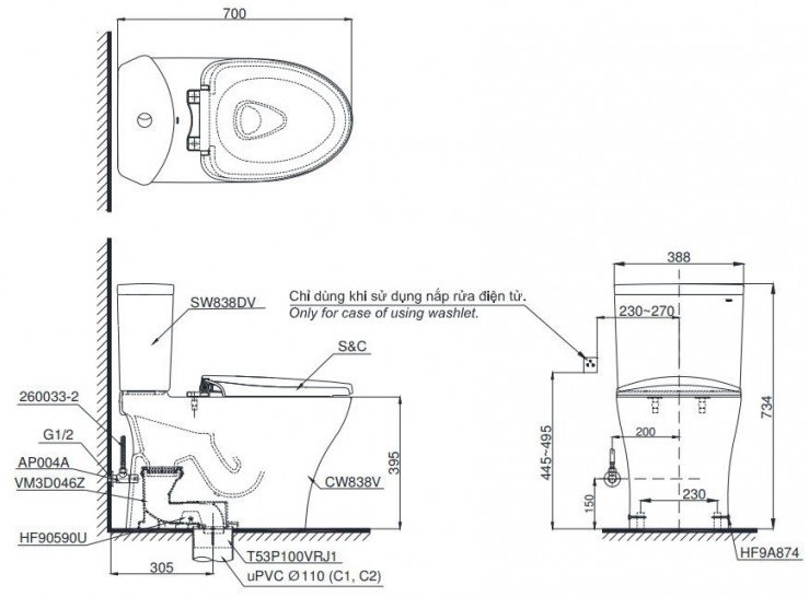 Bản vẽ kích thước bồn cầu CS838 TOTO nắp điện tử TCF23710AAA