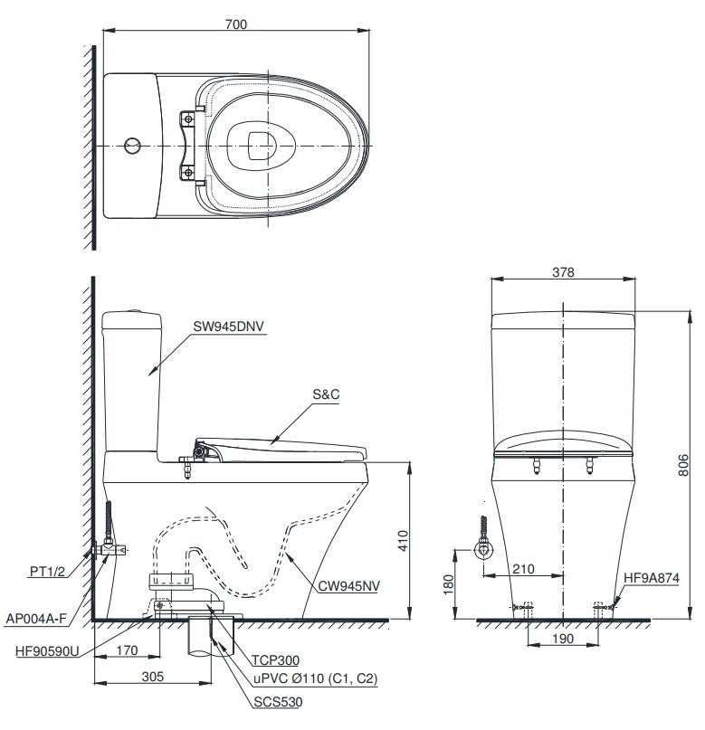 Bản vẽ kích thước bồn cầu CS945 TOTO nắp điện tử TCF23410AAA