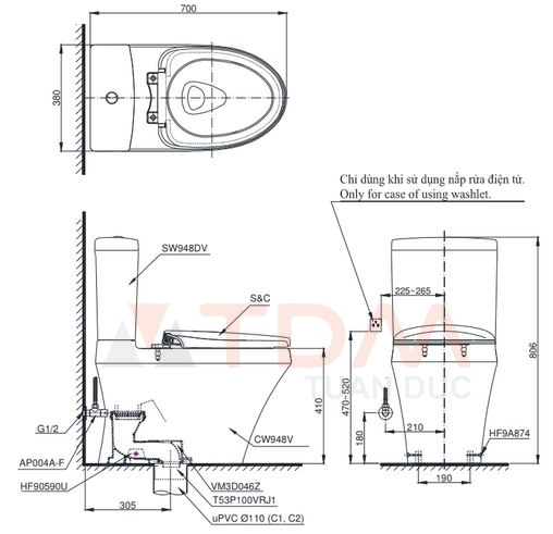 Bản vẽ kích thước bồn cầu C948 nắp điện tử TCF2440AAA TOTO