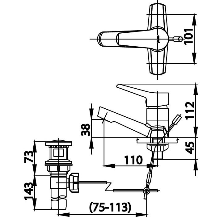 Bản vẽ kích thước vòi chậu rửa mặt nóng lạnh CT 2179 AE