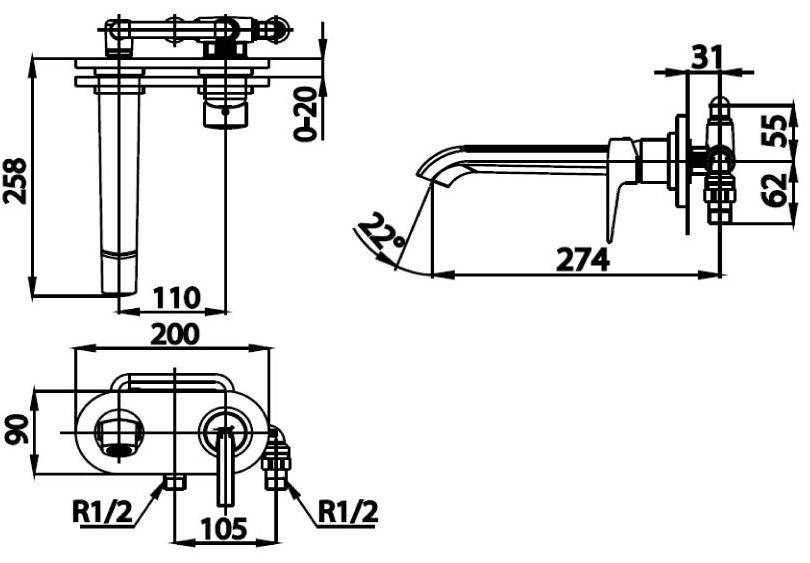 Bản vẽ kích thước vòi lavabo gắn tường Cotto ct 2263 a