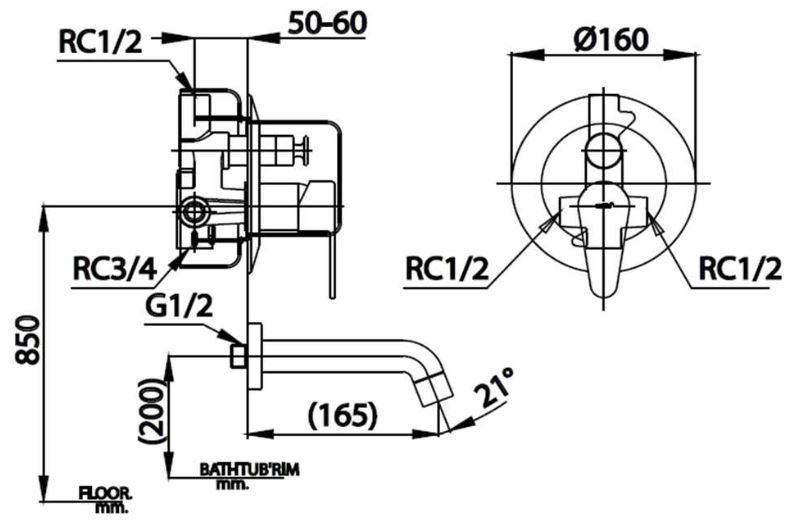 Bản vẽ kích thước van nóng lạnh CT3005 AE âm tường