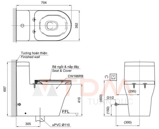 Bản vẽ kích thước bàn cầu CW166RB-TC384CVK TOTO