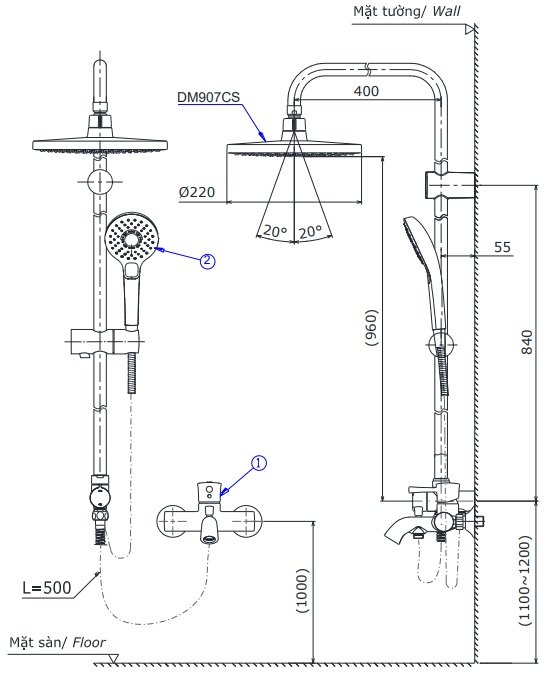 Bản vẽ kích thước sen cây TOTO DM907CS_TBS03302V_DGH108ZR