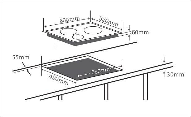 kích thước bếp từ Chefs EHIH535 3 vùng nấu