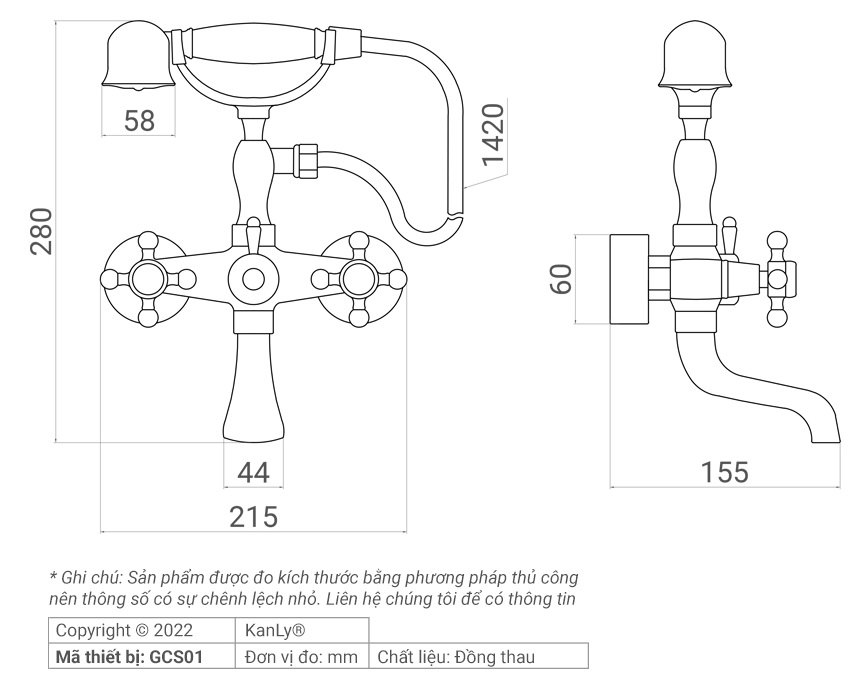 Bản vẽ kích thước vòi hoa sen Kanly GCS01 giả cổ