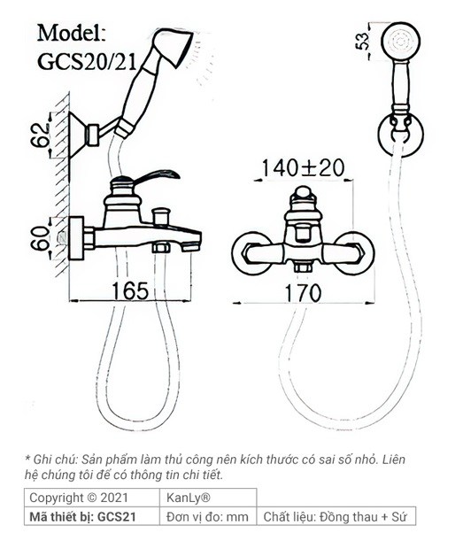 Bản vẽ kích thước sen tắm cổ điển Kanly GCS21