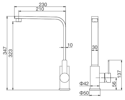 Bản vẽ kích thước vòi rửa chén Malloca K589-S nóng lạnh