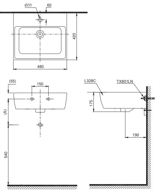 Bản vẽ chậu rửa mặt lavabo TOTO LT 328C treo tường