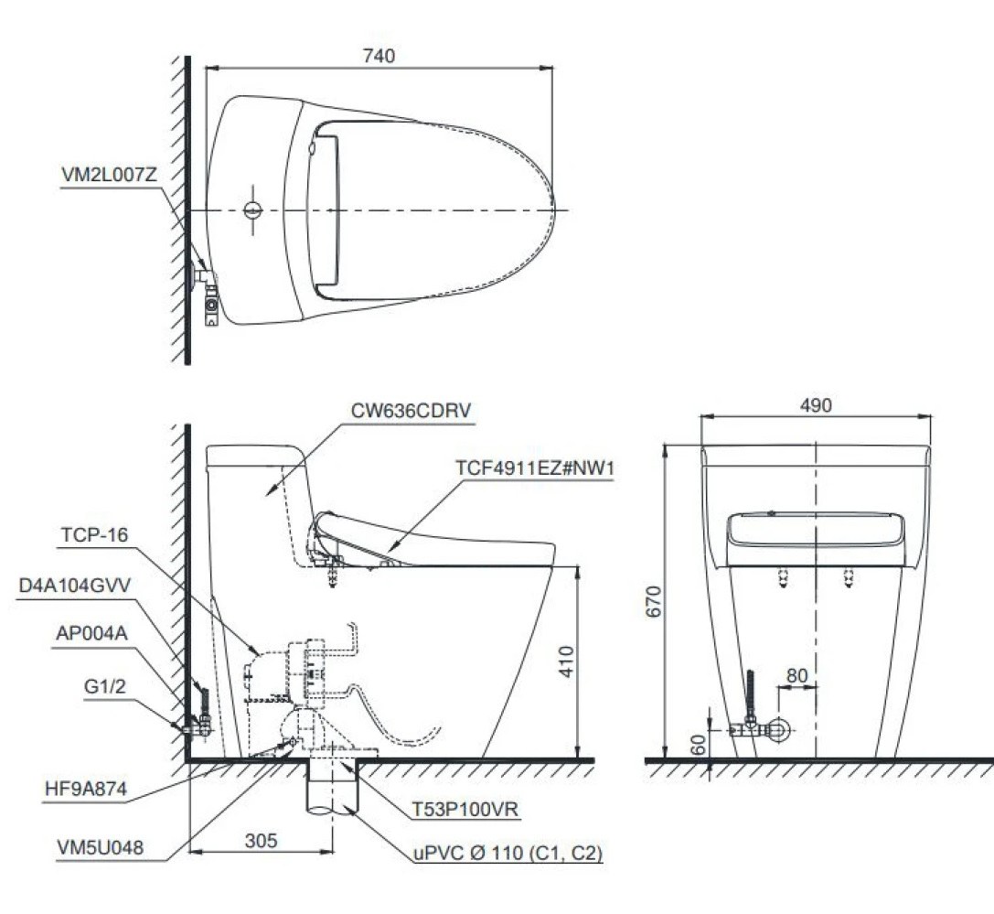 Bản vẽ kích thước bồn cầu 1 khối TOTO MS 636CDRW23