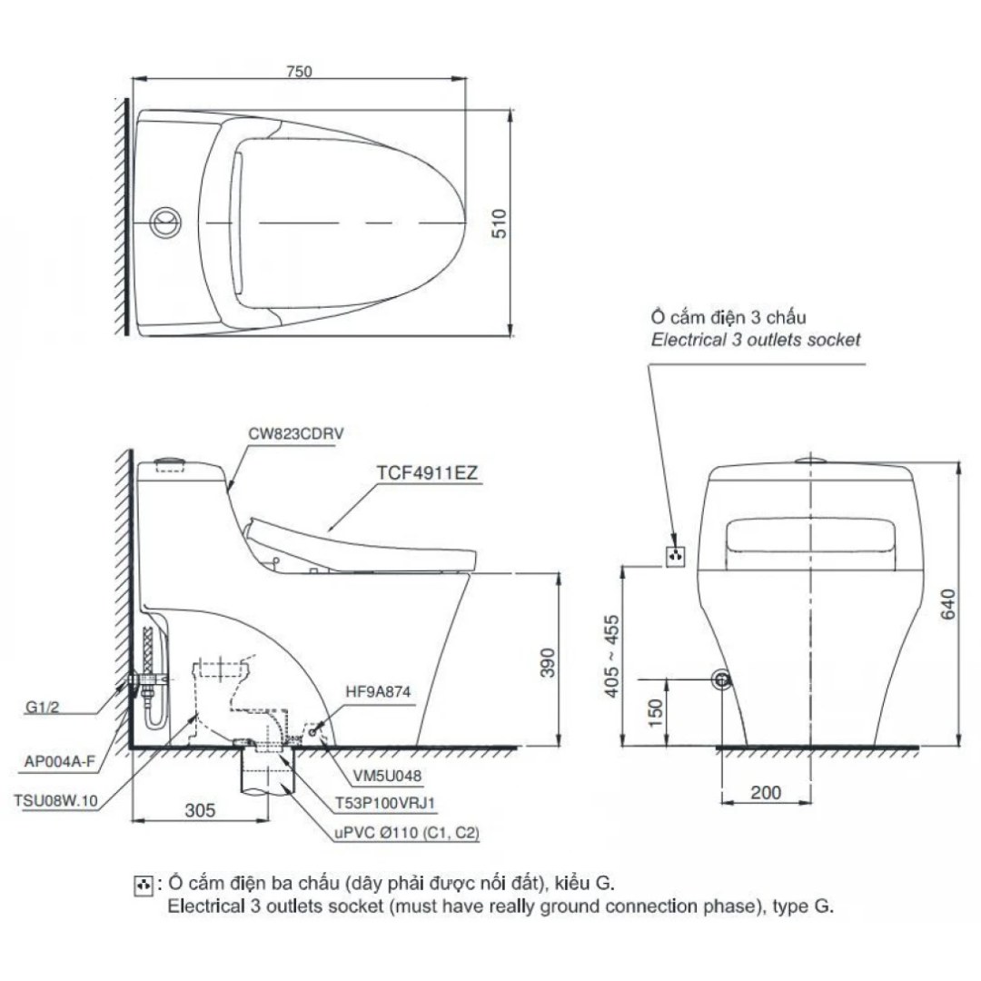 Bản vẽ bàn cầu điện tử TOTO MS823 CRW23 1 khối