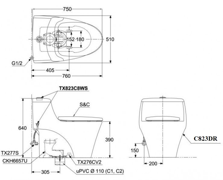 Bản vẽ kỹ thuật bồn cầu 1 khối TOTO MS823DRT3 nắp TC385VS