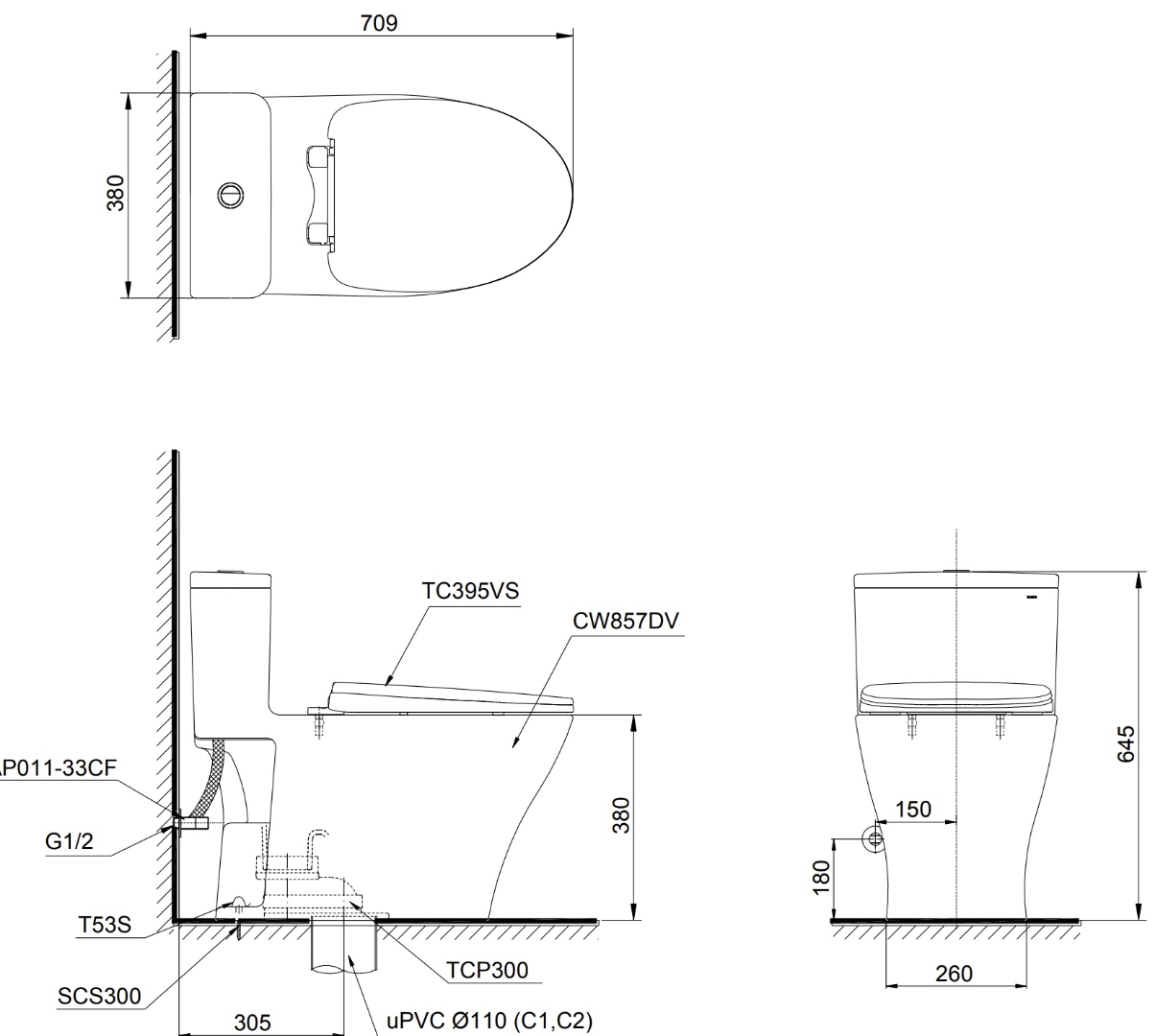 Bản vẽ kích thước xí bệt C857D TOTO nắp êm TC395VS