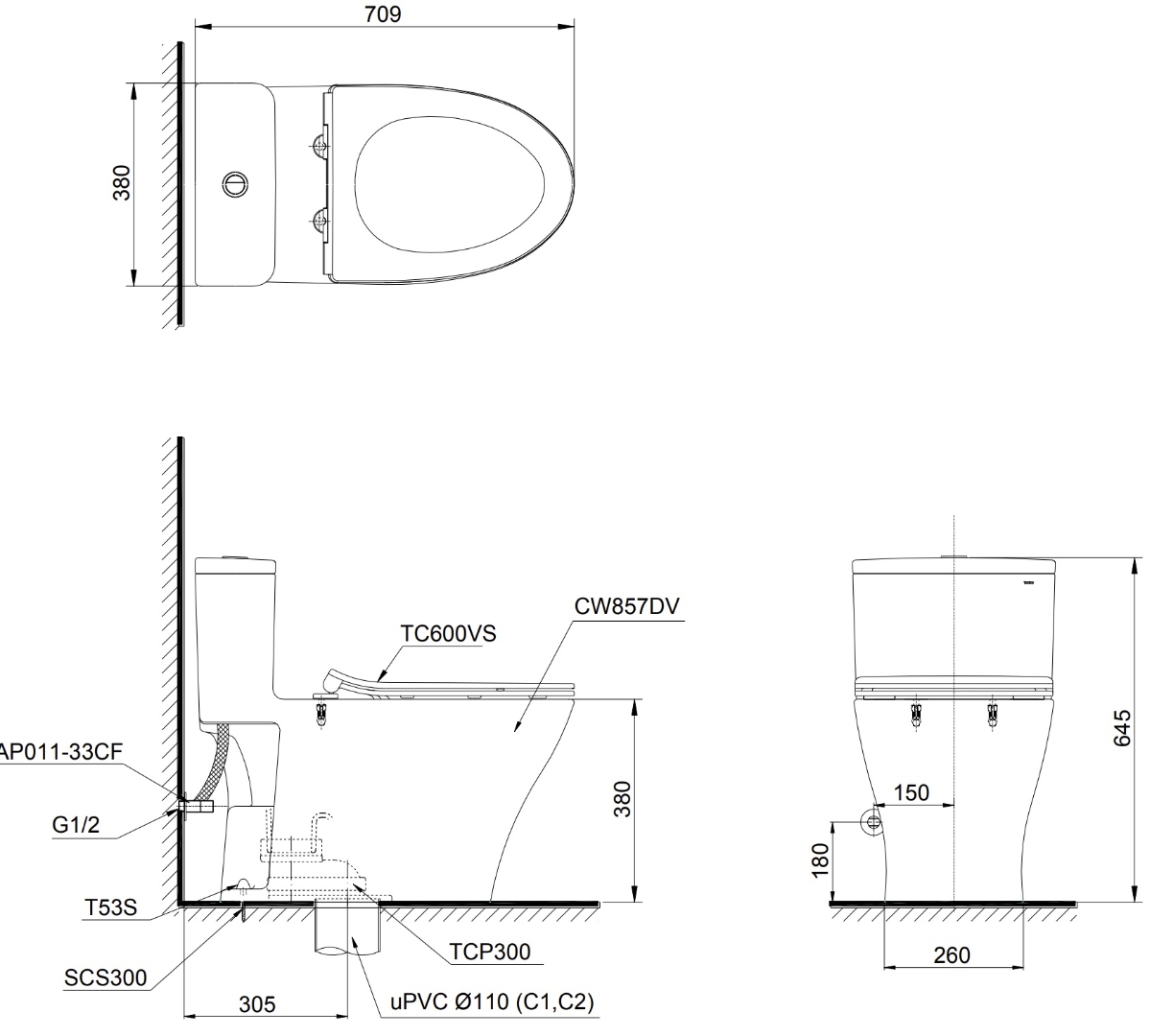 Bản vẽ kích thước xí bệt ms857dt8 TOTO nắp êm TC600VS