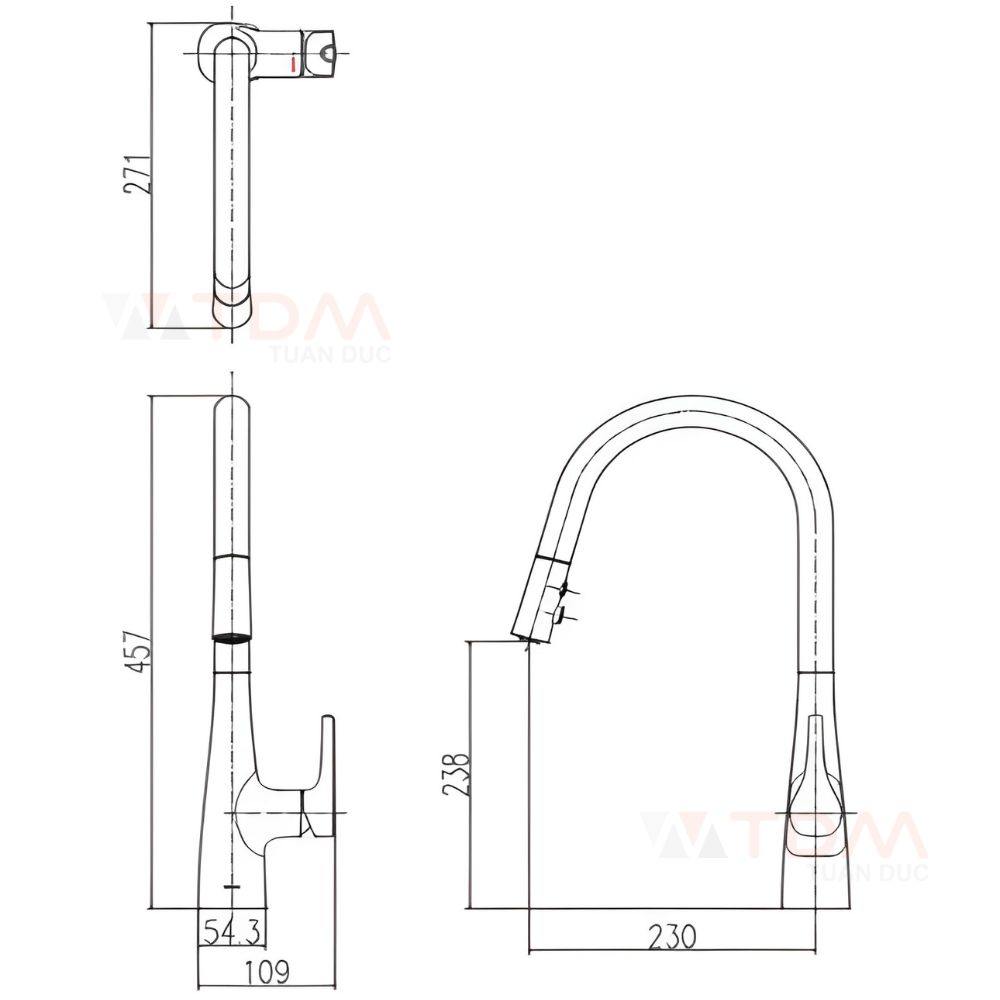 Bản vẽ kích thước vòi bếp nóng lạnh INAX SFV 900SX rút dây