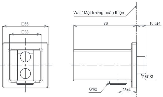 Bản vẽ kích thước cút nối tường TBW08010A TOTO