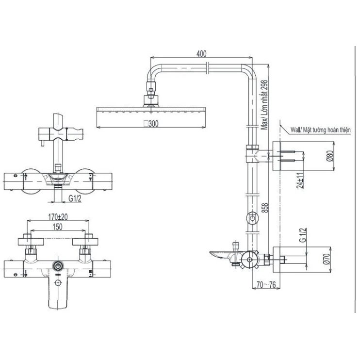 Bản vẽ kích thước cây sen liền khối TOTO TBW 08405A MBL 300mm