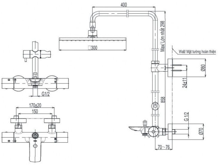 Bản vẽ kích thước sen cây liền khối TOTO TBW08405A+TBW01010A 300mm