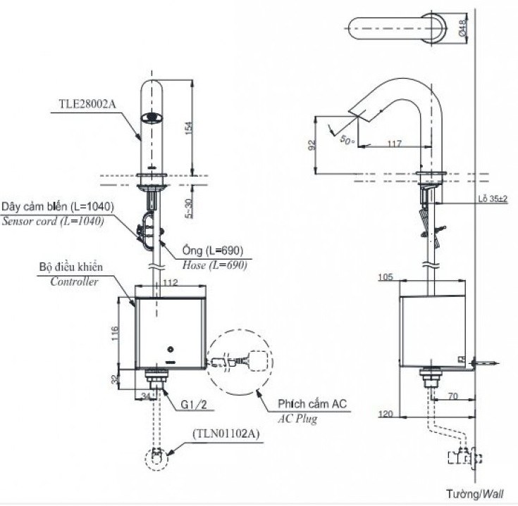 Bản vẽ kích thước vòi TOTO TLE29002A-TLE01502A1-TLN01102A 220V