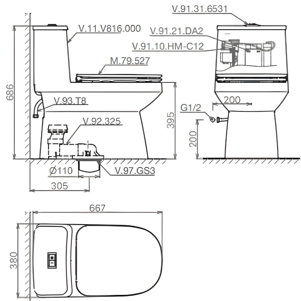 Bản vẽ bệ xí bệt V 816 Viglacera 1 khối