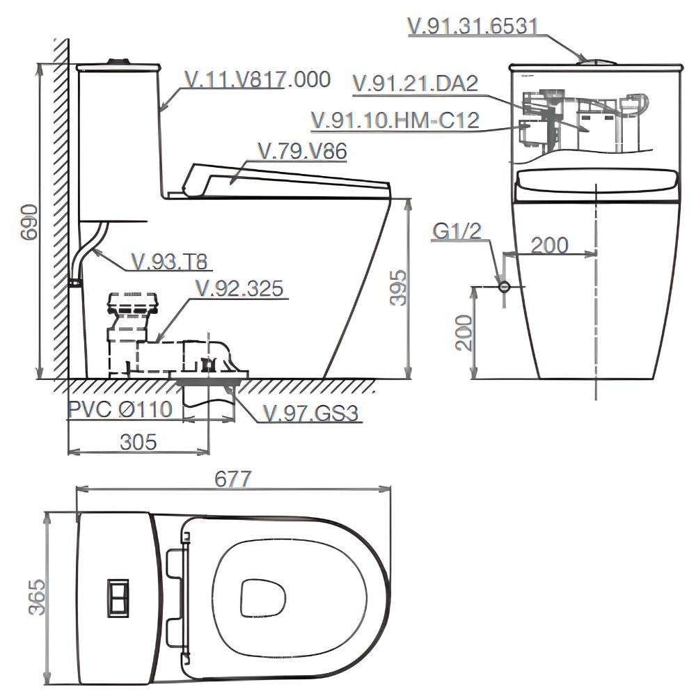 Bản vẽ bệ xí bệt V 817 Viglacera 1 khối