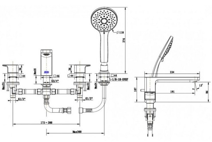 Bản vẽ kích thước vòi sen xả bồn WF1300BHG American Standard