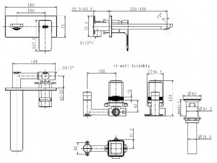 Bản vẽ kỹ thuật vòi lavabo âm tường WF1304BHG nóng lạnh màu ghi