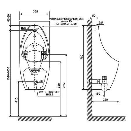 Bản vẽ bản vẽ kích thước bồn tiểu American WP 6737T