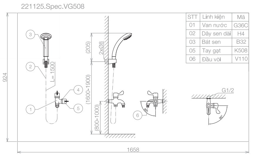 Bản vẽ kỹ thuật vòi sen tắm lạnh VG508