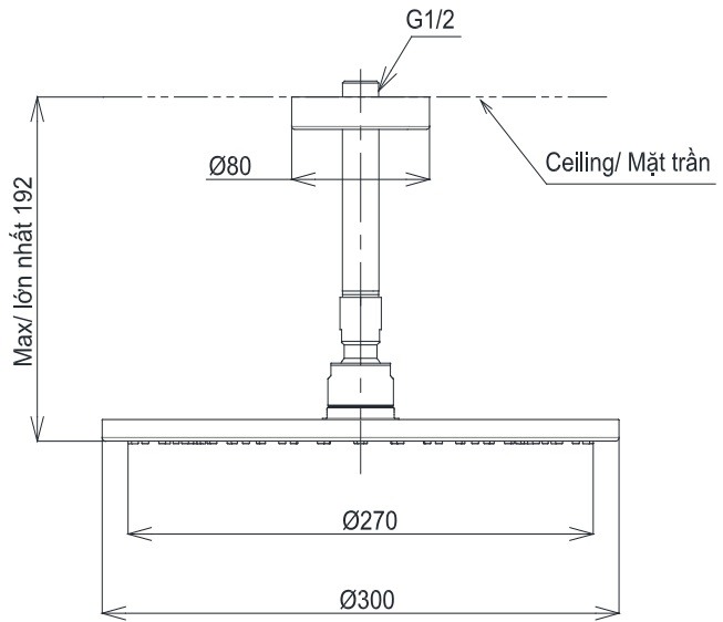 Bản vẽ bát sen tắm TBW 07003A1 TOTO gắn trần 300 mm