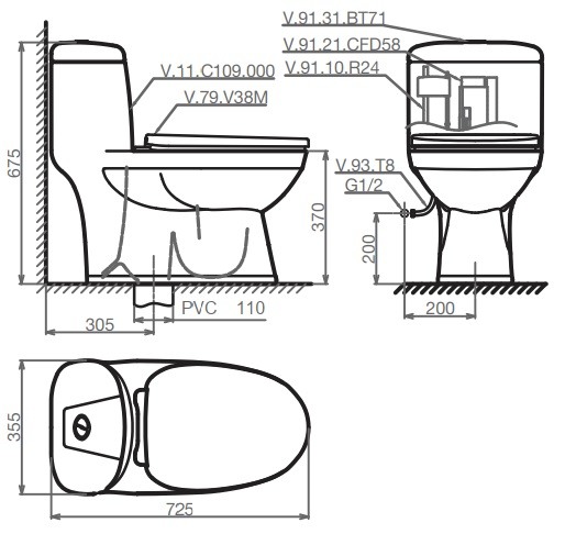 Bản vẽ bồn cầu Viglacera C109 - Xí bệt bàn cầu vệ sinh 1 khối