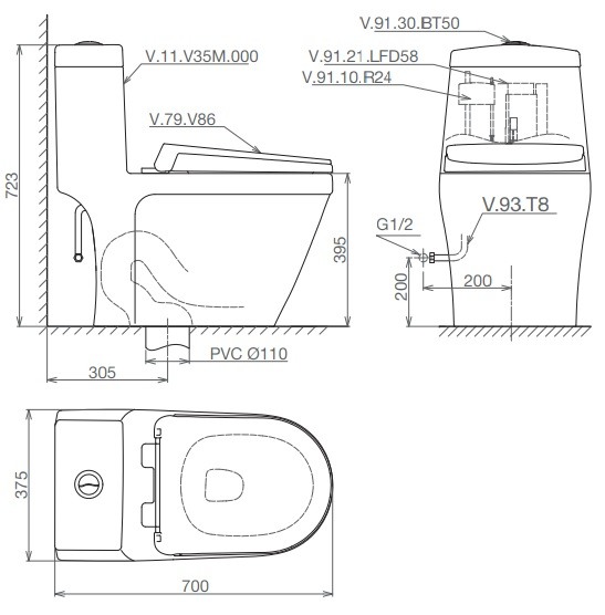 Bản vẽ bệ xí bệt V35 Viglacera 1 khối