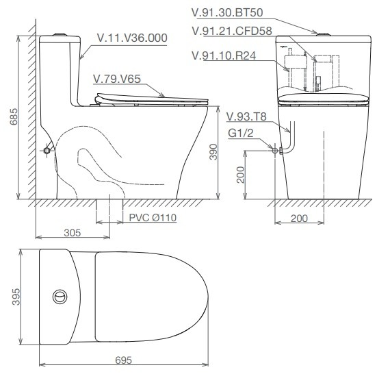 Bản vẽ bệ xí bệt V36 Viglacera liền khối