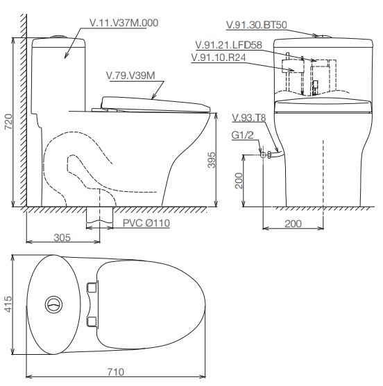 Bản vẽ bệ xí bệt V37 M Viglacera