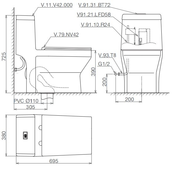 Bản vẽ bệ xí bệt V42 Viglacera 1 khối