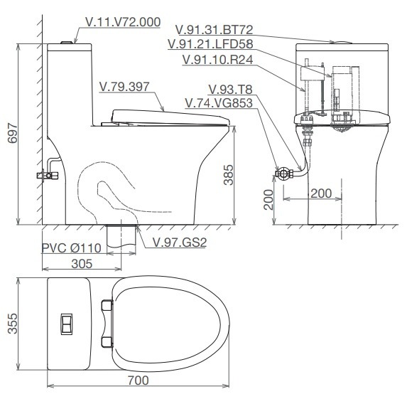 Bản vẽ kích thước bồn cầu V700 Viglacera 1 khối