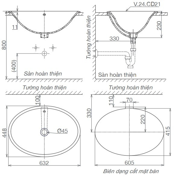 Bản vẽ kỹ thuật chậu rửa mặt CD 21