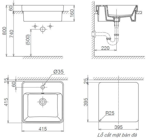 Bản vẽ chậu rửa lavabo Viglacera V 24 đặt bàn