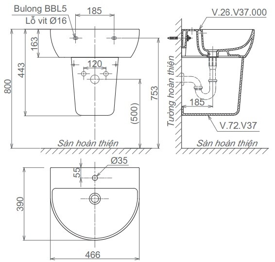 Bản vẽ kỹ thuật chậu rửa mặt V37 Viglacera