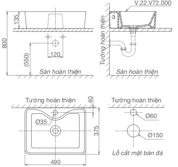 Bản vẽ kích thước lavabo đặt bàn Viglacera V72 chữ nhật