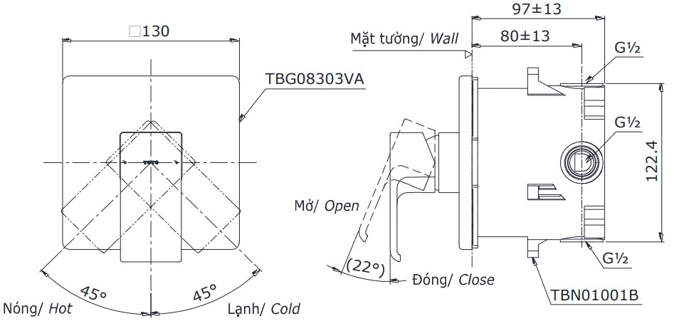 Bản vẽ van điều chỉnh nóng lạnh TOTO TBG08303V TBN01001B