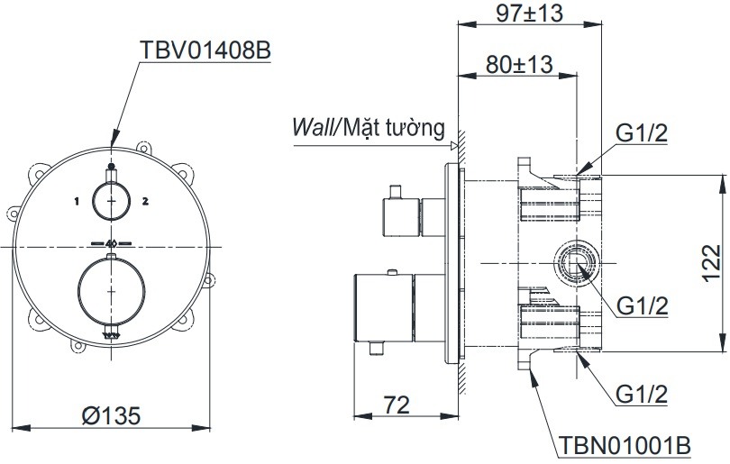 Bản vẽ van điều chỉnh nóng lạnh TOTO TBV01408B TBN01001B