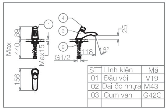 Bản vẽ vòi lavabo lạnh VG 109 Viglacera