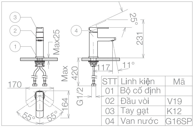 Bản vẽ kỹ thuật vòi lavabo Viglacera VG112