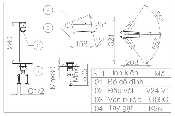 Bản vẽ vòi lavabo Viglacera VG 125 cổ cao