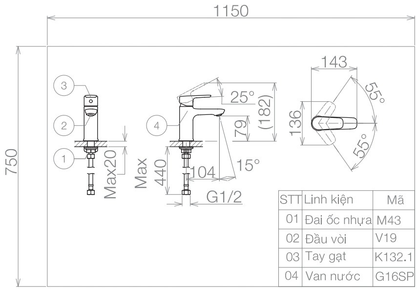 Bản vẽ kích thước vòi lavabo lạnh VG 132-2