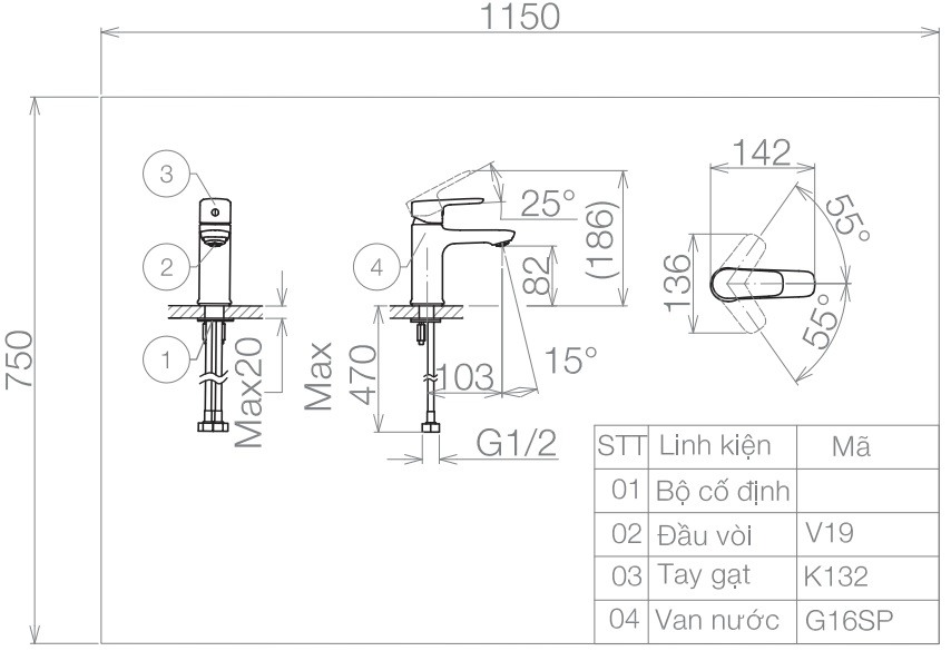 Bản vẽ kích thước vòi VG132 Viglacera nóng lạnh