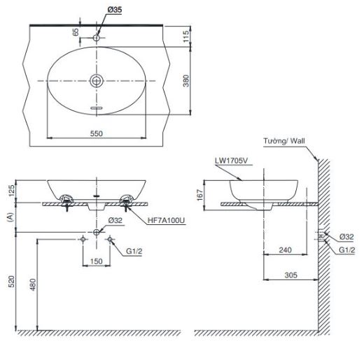 Kích thước chuẩn lavabo đặt bàn